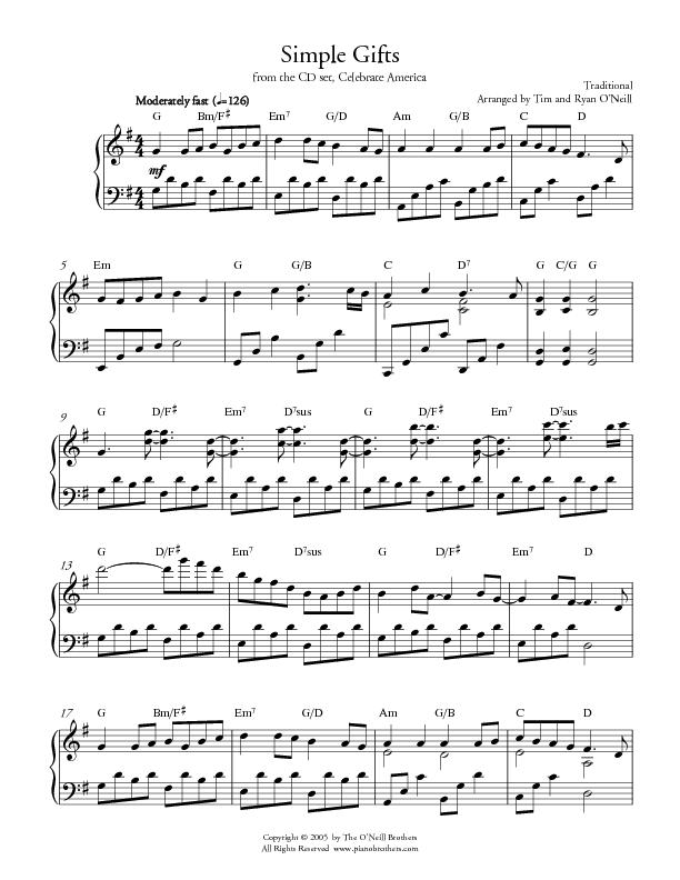 Free Piano Arrangement Sheet Music – Simple Gifts